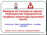 Каждые 40 секунд на одном перекрестке нарушаются правила перехода проезжей части. А сколько таких перекрестков в нашем городе?! Нужно что-то срочно предпринимать!