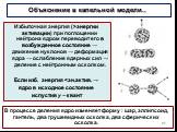 Объяснение в капельной модели.. Избыточная энергия (>энергии активации) при поглощении нейтрона ядром переводит его в возбужденное состояние → движение нуклонов → деформация ядра → ослабление ядерных сил → деление с нейтронным осколком. Если изб. энергия. В процессе деления ядро изменяет форму : 