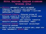 Исток, верхнее, среднее и нижнее течение, устье. Истоком называется место на земной поверхности, где русло реки приобретает отчетливо выраженные очертания и где в нем наблюдается течение В верхнем течении - большие уклоны  большие скорости  в этой части течения река энергично размывает свое русло 