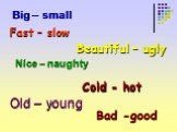 Old – young Big – small Nice – naughty Bad -good Beautiful – ugly Fast – slow Cold - hot
