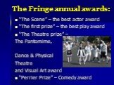 The Fringe annual awards: “The Scene” – the best actor award “The first prize” – the best play award “The Theatre prize” – The Pantomime, Dance & Physical Theatre and Visual Art award “Perrier Prize” – Comedy award