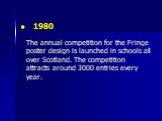 1980 The annual competition for the Fringe poster design is launched in schools all over Scotland. The competition attracts around 3000 entries every year.