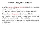 In 1998, human embryonic stem cells (hES) were isolated and grown in the laboratory hES cells are derived from the ICM of human blastocysts These cells are pluripotent just like mouse ES cells The embryos used in these studies were created for infertility purposes through in vitro fertilization They