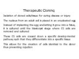 Therapeutic Cloning Isolation of cloned cells/tissue for curing disease or injury The nucleus from an adult cell is placed in an enucleated egg Instead of implanting the egg and letting it grow into a fetus, it is cultured until the blastocyst stage where ES cells are removed and cultured These ES c