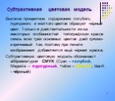 Высокое процентное содержание голубого, пурпурного и жёлтого цветов образует чёрный цвет. Только в действительности из-за некоторых особенностей типографских красок смесь всех трёх основных цветов даёт грязно-коричневый тон, поэтому при печати изображения добавляется ещё чёрная краска. Субтрактивную