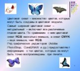 Цветовой охват – множество цветов, которые могут быть созданы в цветовой модели. Самый широкий цветовой охват – натуральный – включает все различимые глазом цвета. По сравнению с ним цветовой охват RGB несколько меньше, а охват CMYK – ещё меньше, чем RGB. Ряд графических редакторов (Adobe PhotoShop,