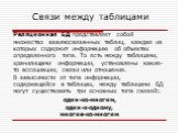 Реляционная БД представляет собой множество взаимосвязанных таблиц, каждая из которых содержит информацию об объектах определенного типа. То есть между таблицами, хранилищами информации, установлены какие-то ассоциации, связи или отношения. В зависимости от типа информации, содержащейся в таблицах, 