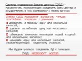 Система управления базами данных (СУБД) -приложение, позволяющее создавать базы данных и осуществлять в них сортировку и поиск данных. Любая СУБД позволяет выполнять четыре простейшие операции с данными: добавлять в таблицу одну или несколько записей; удалять из таблицы одну или несколько записей; о