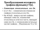 Симметрия относительно оси Ох. а) у=- f(x) – симметричное отражение графика относительно оси Ох; б)у =│f(x)│- замена частей графика, лежащих ниже Ох, отражением относительно этой оси части, лежащей ниже оси Ох, с сохранением остальных частей графика . (Приложение 13 и 14)