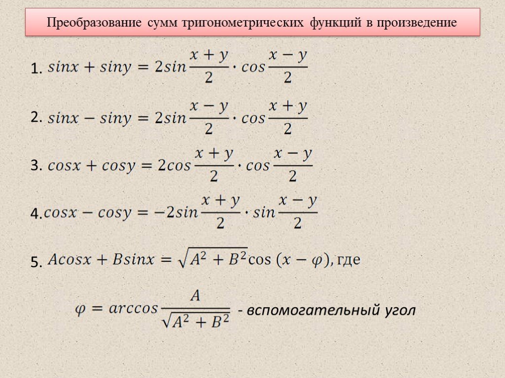Тригонометрические формулы преобразования произведения в сумму. Формулы преобразования тригонометрических функций в сумму. Преобразование произведения тригонометрических функций в сумму. Формулы преобразования суммы в произведение тригонометрия. Формулы преобразованиямтригонометрических функций.