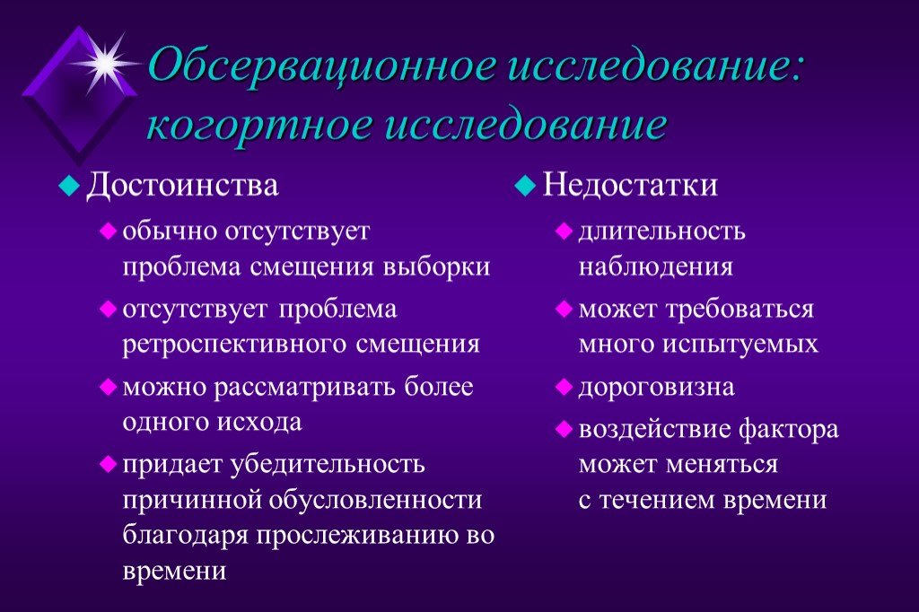 Преимущества исследований. Обсервационное исследование. Ретроспективное обсервационное исследование. Достоинства и недостатки когортного исследования. Обсервационные клинические исследования.