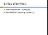 Выбор объектива. Зумы (приближают и удаляют) Фиксы (имеют отличную светосилу)