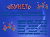 «БУКЕТ». ЦЕЛЬ: согласование числительного с существительным в именительном падеже. Правила игры: предложить ребёнку посчитать цветы по образцу взрослого (один цветок, два цветка и т. д.; первый красный цветок, второй желтый цветок и т. д.).