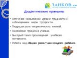 Дидактические принципы. Обучение на высоком уровне трудности с соблюдением меры трудности. Ведущая роль теоретических знаний. Осознание процесса учения. Быстрый темп прохождения учебного материала. Работа над общим развитием каждого ребёнка.