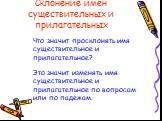 Склонение имен существительных и прилагательных. Что значит просклонять имя существительное и прилагательное? Это значит изменять имя существительное и прилагательное по вопросам или по падежам.