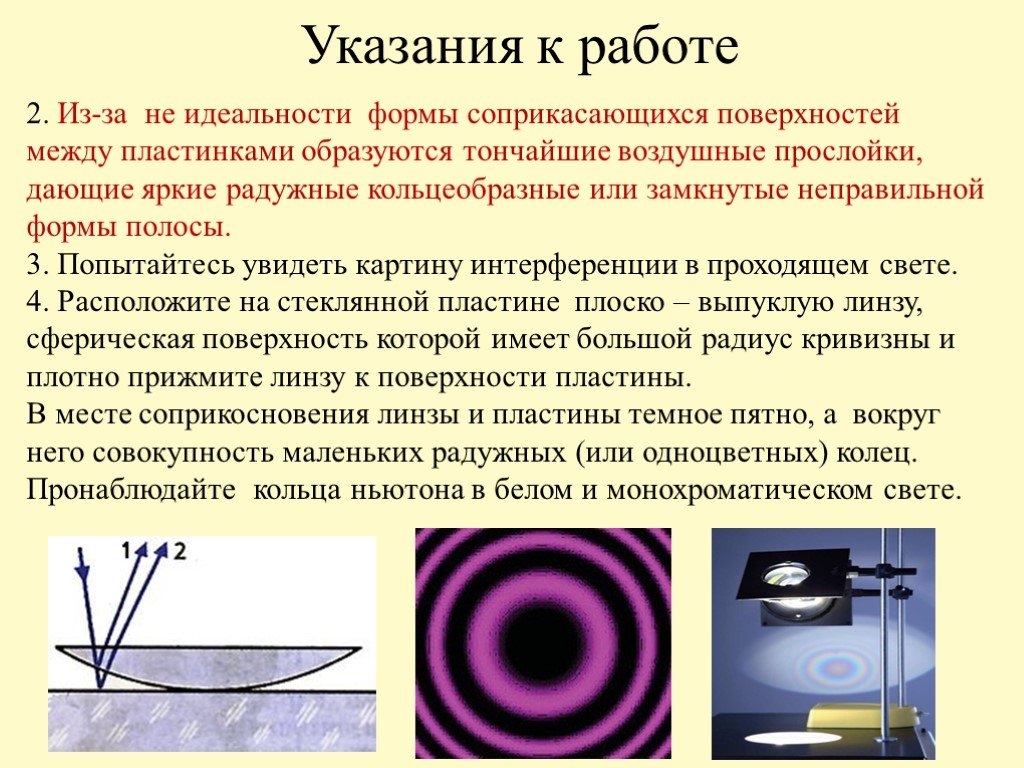 Интерференционная картина в отраженном свете при слабом нажиме на пластины