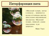 «Мыльный пузырь, витая в воздухе… зажигается всеми оттенками цветов, присущими окружающим предметам. Мыльный пузырь, пожалуй, самое изысканное чудо природы». Марк Твен