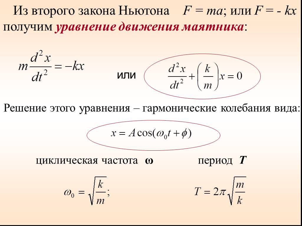Закон сохранения энергии для маятника. Уравнение второго закона Ньютона для маятника. Циклическая частота колебаний из уравнения. Частота из закона. Циклическая частота из уравнения.
