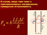 В случае, когда токи текут в противоположных направлениях, проводники отталкиваются.