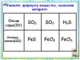 Укажите формулу вещества, название которого: FeCl3 FeCl2 FeS Хлорид железа(III) H2S SO3 SO2 Оксид серы(IV)