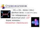 Строение алкенов. СН2 = СН2 этилен (этен) Двойная связь: σ-связь+π-связь Тип гибридизации: sp² Валентный угол: 120° Форма молекулы: плоскостная (треугольная)