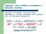 Гидролиз соли слабого основания и сильной кислоты. Проходит по катиону, при этом может образоваться слабое основание или основная соль. рН раствора уменьшится. AlCl3 + H2O → Al(OH)Cl2 + HCl Al3+ + Н+ОН– → Al(OH)2+ + H+ Cl- + H2O → не идет среда кислая рН