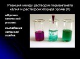 Реакция между раствором перманганата калия и раствором хлорида хрома (II). Признак химической реакции: выпадение зеленого осадка.