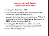 Энергетический баланс аэробного гликолиза. I этап дает 8 молекул АТФ II этап дает 6 молекул АТФ: 1 молекула ПВК образует при окислительном декарбоксилировании 3 молекулы АТФ; из 1 молекулы глюкозы образуется 2 молекулы ПВК, следовательно 2х3= 6; III этап дает 24 молекулы АТФ, т.к. в цикл Кребса всту