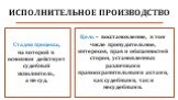 Стадия процесса, на которой в основном действует судебный исполнитель, а не суд. Цель – восстановление, в том числе принудительное, интересов, прав и обязанностей сторон, установленных различными правоохранительными актами, как судебными, так и несудебными.