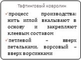 Тафтинговый ковролин. процесс производства: нить иглой вкалывают в основу и закрепляют клеевым составом петлевой – вверх петельками, ворсовый – вверх ворсинками