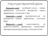 Структура паркетной доски. Нижний слой – хвойный шпон – смесь древесных остатков недорогих пород древесины, толщины 2 мм Средний слой производиться из недорогих видов древесины, толщина 8мм Верхний слой выполняется из дорогостоящей древесины, выполняет декоративную функцию, толщина 4 мм