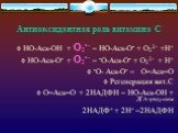 Антиоксидантная роль витамина С. НО-Аск-ОН + O2•– = HO-Аск-O• + O22- +H+ HO-Аск-O• + O2•– = •O-Аск-O• + O22- + H+ •O- Аск-O• = O=Аск=O Регенерация вит.С O=Аск=O + 2НАДФН = НО-Аск-ОН + ДГА-редуктаза 2НАДФ+ + 2H+ =2НАДФН