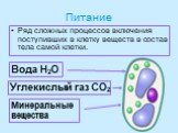 Питание. Ряд сложных процессов включения поступивших в клетку веществ в состав тела самой клетки. Вода Н2О. Углекислый газ СО2. Минеральные вещества