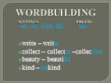 WORDBUILDING SUFFIXES: PREFIX: -er, -or, -tion, -ful un- write – writer collect – collector –collection beauty – beautiful kind – unkind