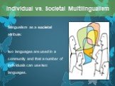 Bilingualism as a societal attribute: two languages are used in a community and that a number of individuals can use two languages.