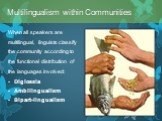 When all speakers are multilingual, linguists classify the community according to the functional distribution of the languages involved: Diglossia Ambilingualism Bipart-lingualism