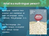 Multilingual speakers have acquired and maintained at least one language during childhood, first language (L1). The first language (the mother tongue) is acquired even without formal education.