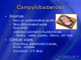 Campylobacteriosis. Sources Raw or undercooked poultry Non-chlorinated water Raw milk Infected animal or human feces Poultry, cattle, puppies, kittens, pet birds Clinical signs Diarrhea, abdominal cramps, fever, nausea Duration: 2-5 days