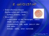 E. coli O157:H7. Enterohemorrhagic Escherichia coli (EHEC) Surface proteins; toxin Sources Undercooked or raw hamburger; salami Alfalfa sprouts; lettuce Unpasteurized milk, apple juice or cider Well water Animals: Cattle, other mammals