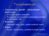 Toxoplasmosis. Toxoplasma gondii- intracellular protozoan 112,500 cases annually Pregnant women/immunocompromised at greatest risk Sources Infected cats, soil, undercooked meat Signs Fever, headache, swollen lymph nodes