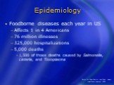 Foodborne diseases each year in US Affects 1 in 4 Americans 76 million illnesses 325,000 hospitalizations 5,000 deaths 1,500 of those deaths caused by Salmonella, Listeria, and Toxoplasma