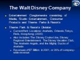 The Walt Disney Company. Entertainment Conglomerate consisting of Media, Studio Entertainment, Consumer Products and Theme Parks & Resorts Theme Park & Resorts Division Current Park Locations: Anaheim, Orlando, Tokyo, Paris, Hong Kong (2005) Also includes: The Disney Cruise Line, Disney Regi