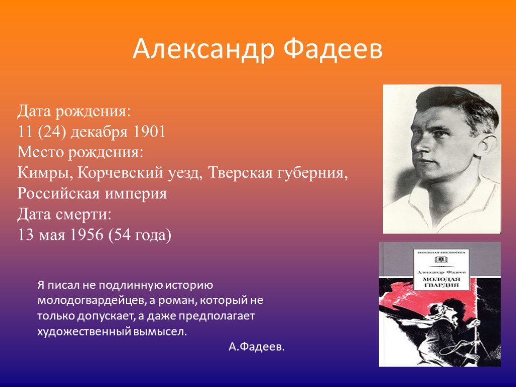 Кем являлся писатель фадеев. А А Фадеев 1956. Жизнь и творчество Фадеева.