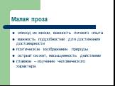 Малая проза. эпизод из жизни, важность личного опыта важность подробностей для достижения достоверности поэтическое изображение природы острый сюжет, насыщенность действием главное – изучение человеческого характера