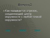 Вопрос 2. Как называется отрезок, соединяющий центр окружности с любой точкой окружности? хорда диаметр радиус