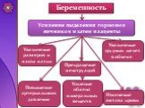 Беременность. Усиление выделения гормонов яичников и затем плаценты. Прекращение менструаций. Увеличение размеров и массы матки. Увеличение грудных желез в объеме. Изменение состава крови. Усиление обмена минеральных веществ. Повышение артериального давления