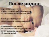 После родов: 1) у новорожденного осуществляется забор крови для тестирования на антитела к ВИЧ. 2) антиретровирусная профилактика новорожденного 3) гигиеническая ванна с раствором хлоргексидина (50 мл 0,25% раствора хлоргексидина на 10 литров воды)