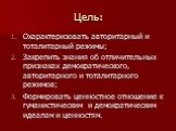 Цель: Охарактеризовать авторитарный и тоталитарный режимы; Закрепить знания об отличительных признаках демократического, авторитарного и тоталитарного режимов; Формировать ценностное отношение к гуманистическим и демократическим идеалам и ценностям.