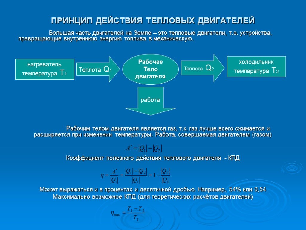 В тепловом двигателе внутренняя энергия газа или пара частично превращается в механическую энергию