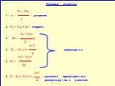 Основные формулы: Vx – V0x 1. аx = - ускорение t 2. Vx = Vox + aхt - скорость Vx + Vox 3. Sx = t 2 ax t2 4. Sx = Vox t + перемещение 2 Vx2 –Vox2 5. Sx = 2ax axt2 6. X = Xo + Vox t + - уравнение прямолинейного 2 равноускоренного движения